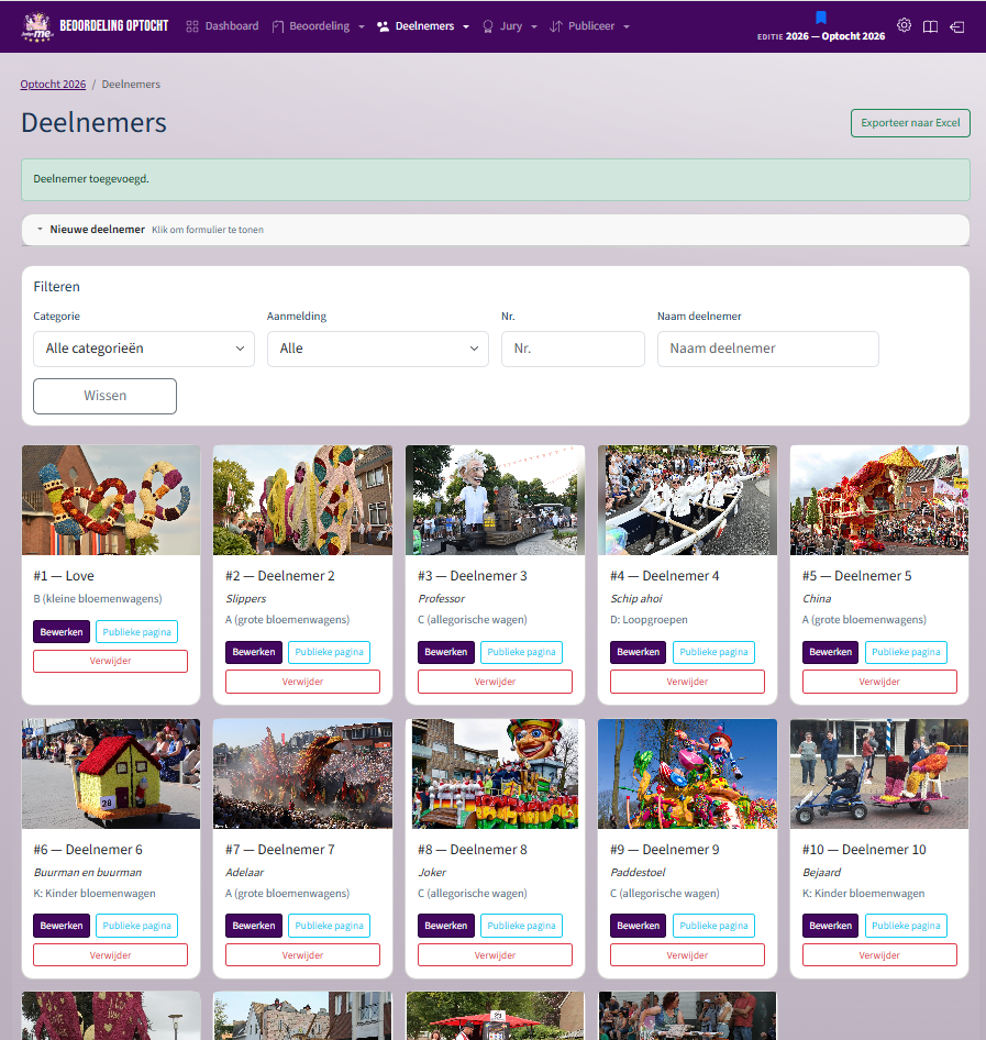 Screenshot van het admin dashboard met beoordelingsresultaten