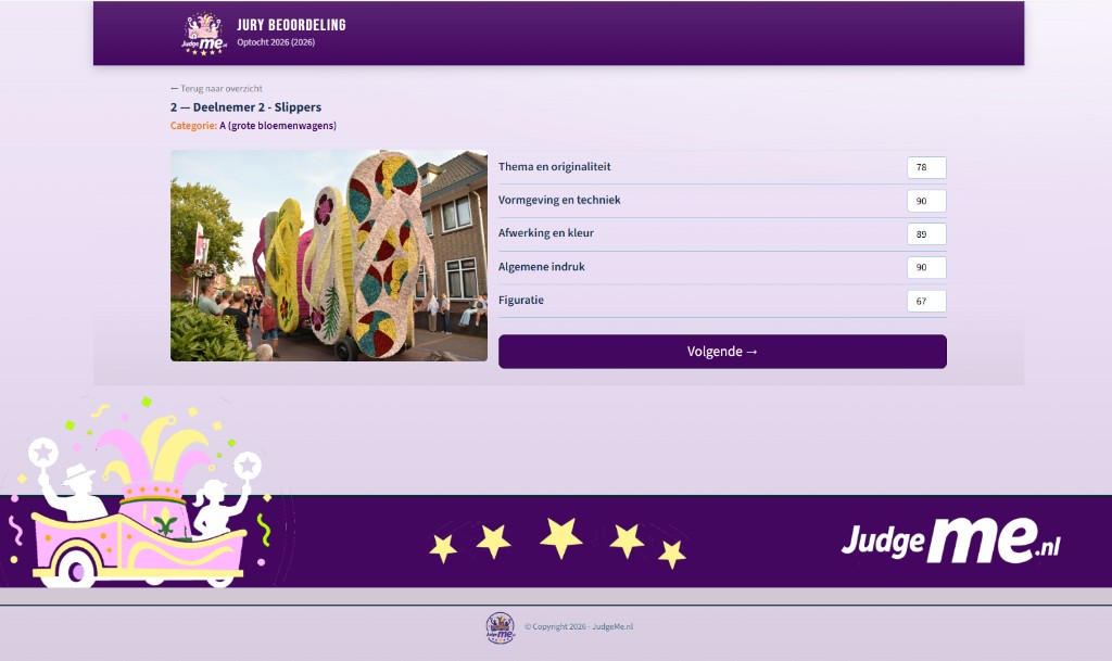 Screenshot van het jury beoordelingsscherm met scoreformulier voor een deelnemer